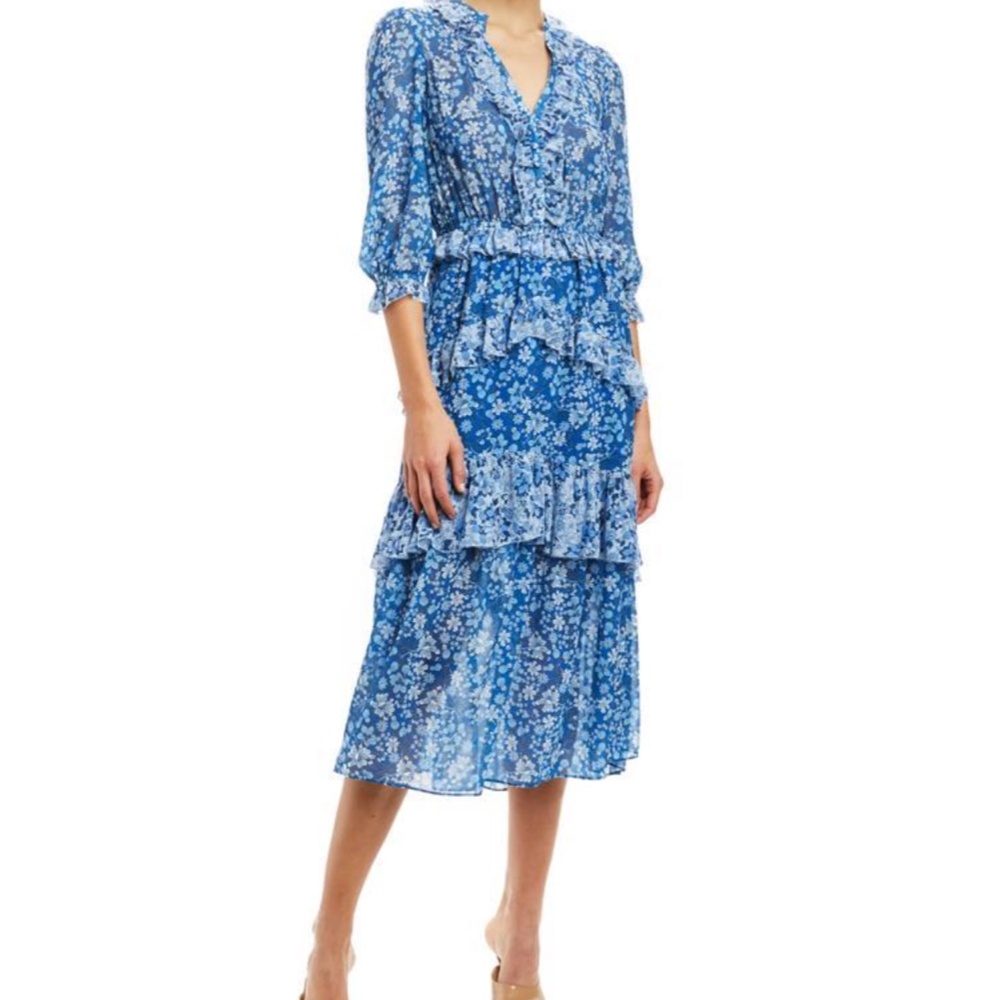 ML Monique Lhuillier Floral Midi Blue Dress Ruffle Tiered Layered Size 8 Chic